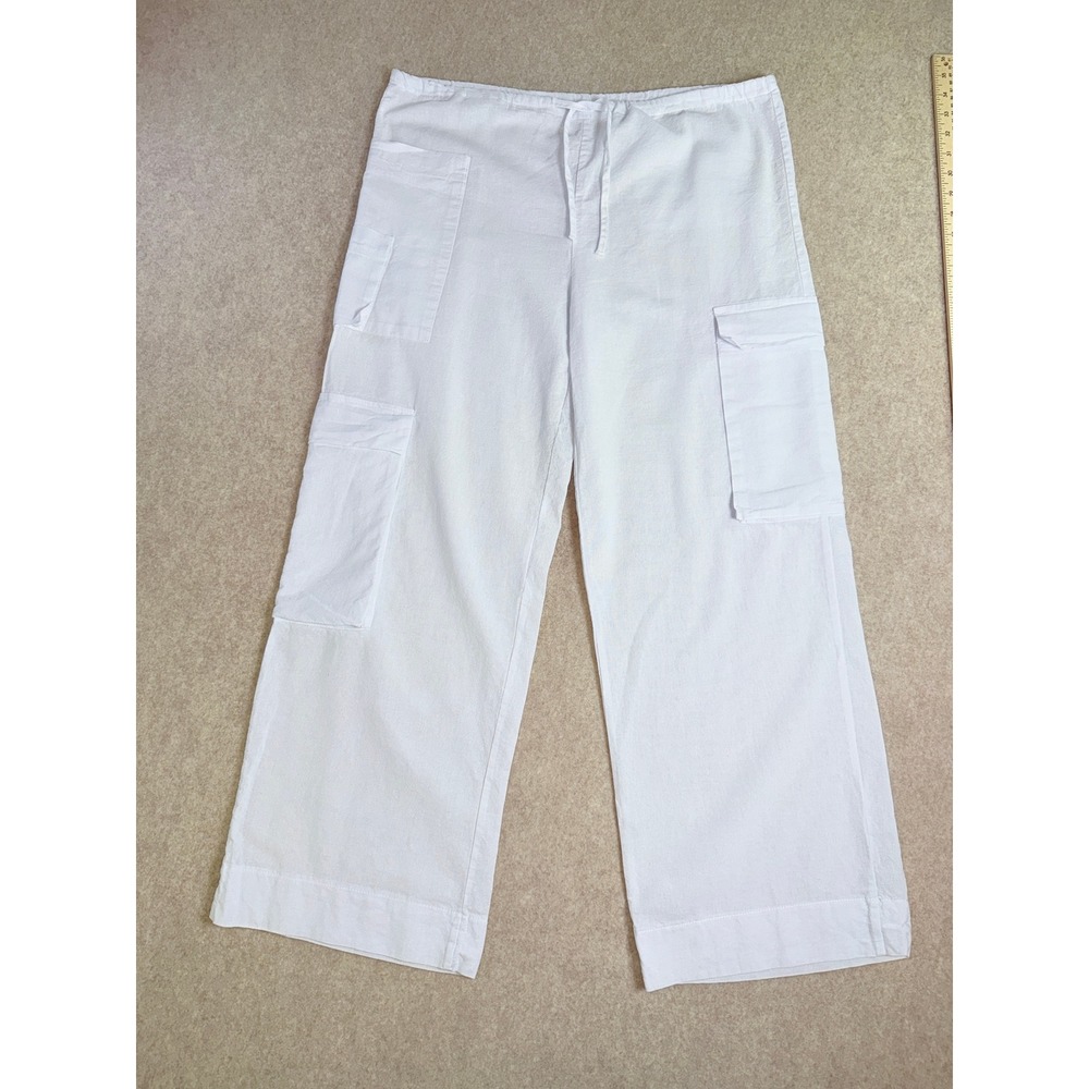 Wide Leg Cotton Cargo Pants White Drawstring Waist Coastal Utility Beach Size M